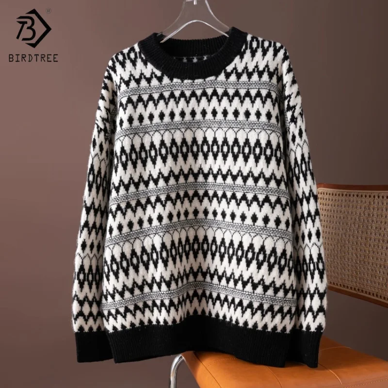 

Birdtree,100% Sheep Wool Thicken Knitted Sweater,Woman O-neck Falling Sleeve Soft Tops,2025 Fall/Winter Casual Pullover T5N111JF