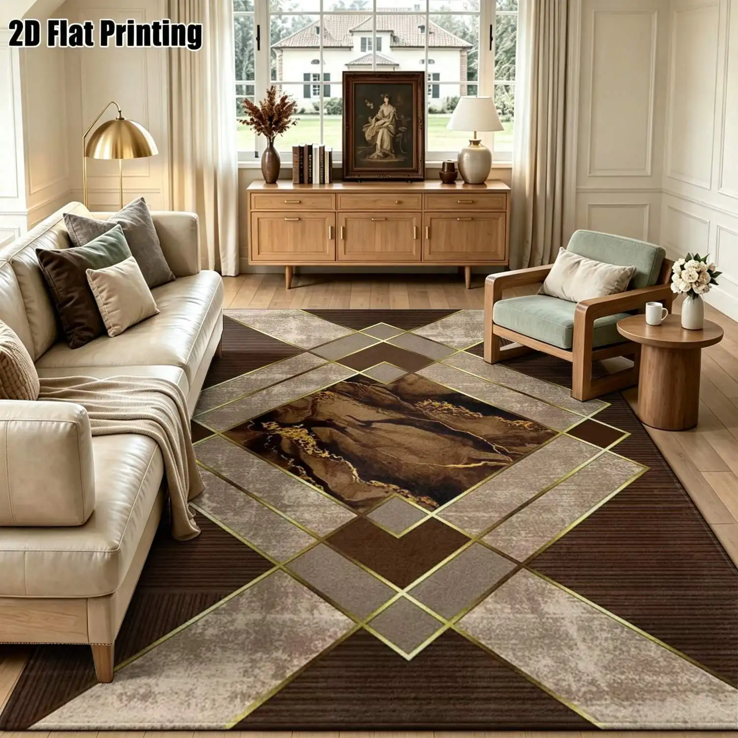 1Pc 2D Printed Dark Brown Geometric Patchwork Abstract Carpet, Vintage/European/Modern Minimalist Style, Home Decor, Multi-Size, Machine-Washable, for Entrance/Dining Room/Foyer/Living Room/Bedroom