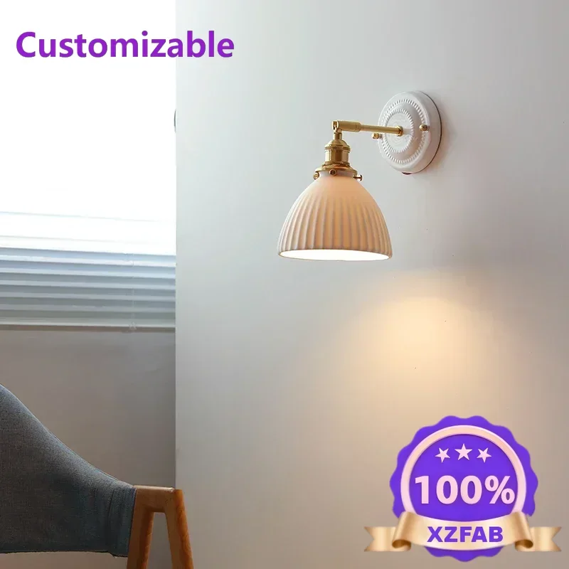 Factory Direct 2026 Pull Chain Switch Wall Light  Ceramic Nordic Modern Coffee Bedroom Living Room LED Wall Lamp Copper Home