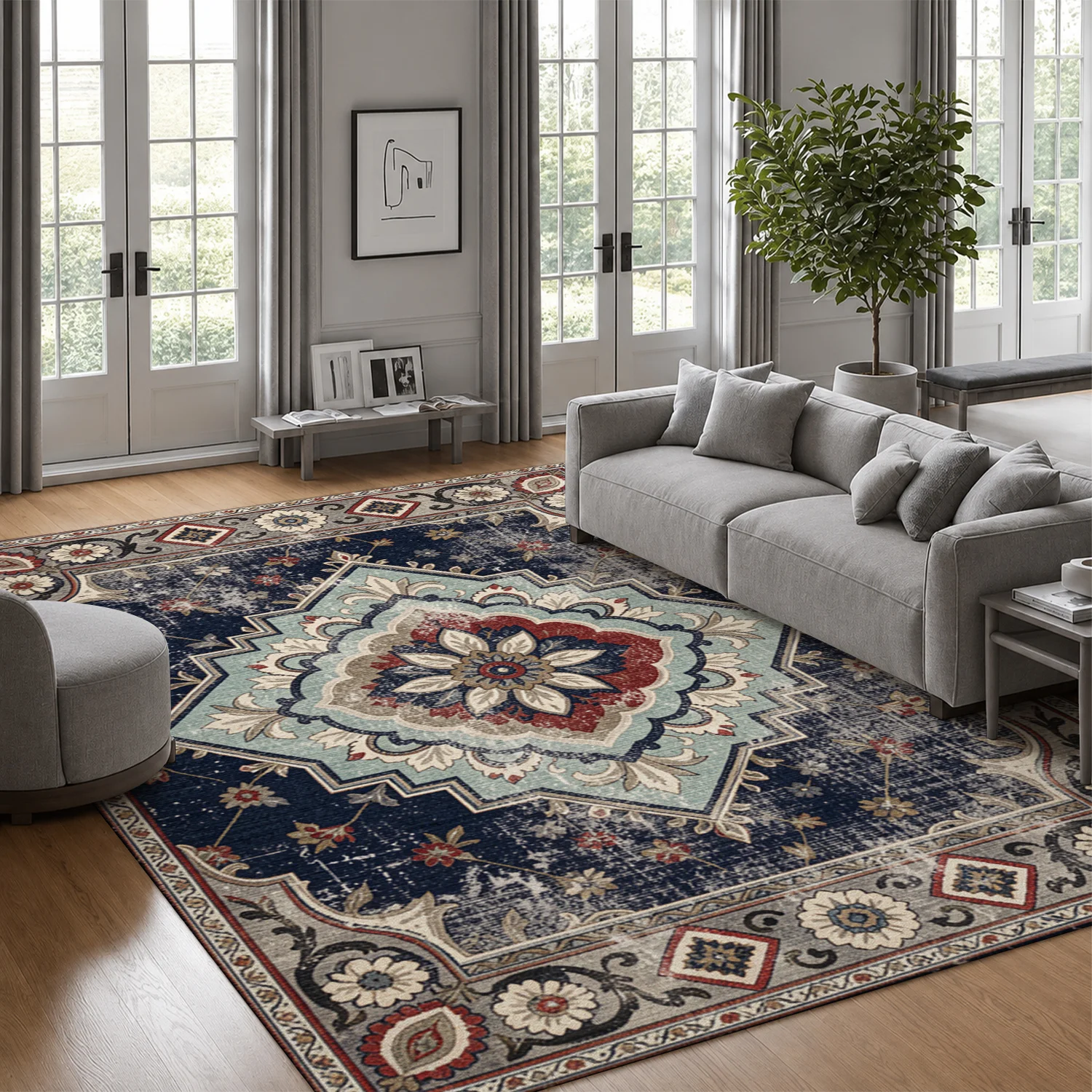 Distressed Vintage Floral Medallion Area Rug Velvet Machine Washable Decorative Floor Rug for Living Room, Bedroom, Dining Room, Entryway, Ideal for Halloween, Thanksgiving, Christmas, New Year, Black Friday, Cyber Monday Home Decoration