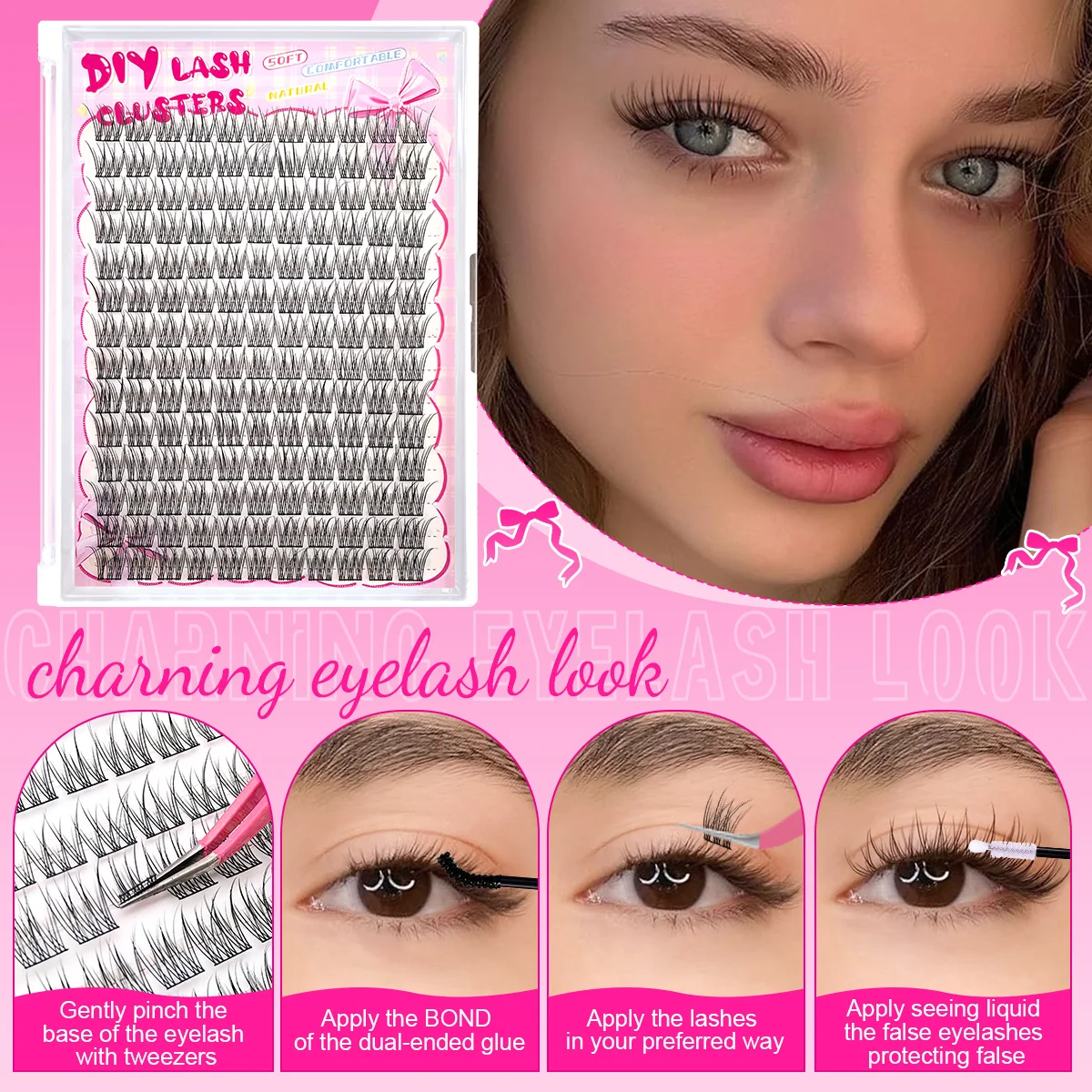 144本入り接着剤不要つけまつげセット、レイヤードフィッシュテールCカール、初心者向け簡単装着、再利用可能なソフトラッシュ