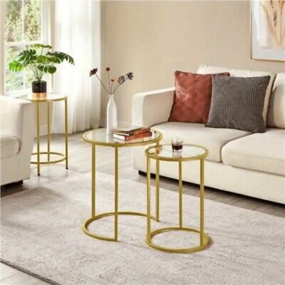 Round Nesting End Table Set of 2, Sofa Side Table with Metal Frame and Glass Top