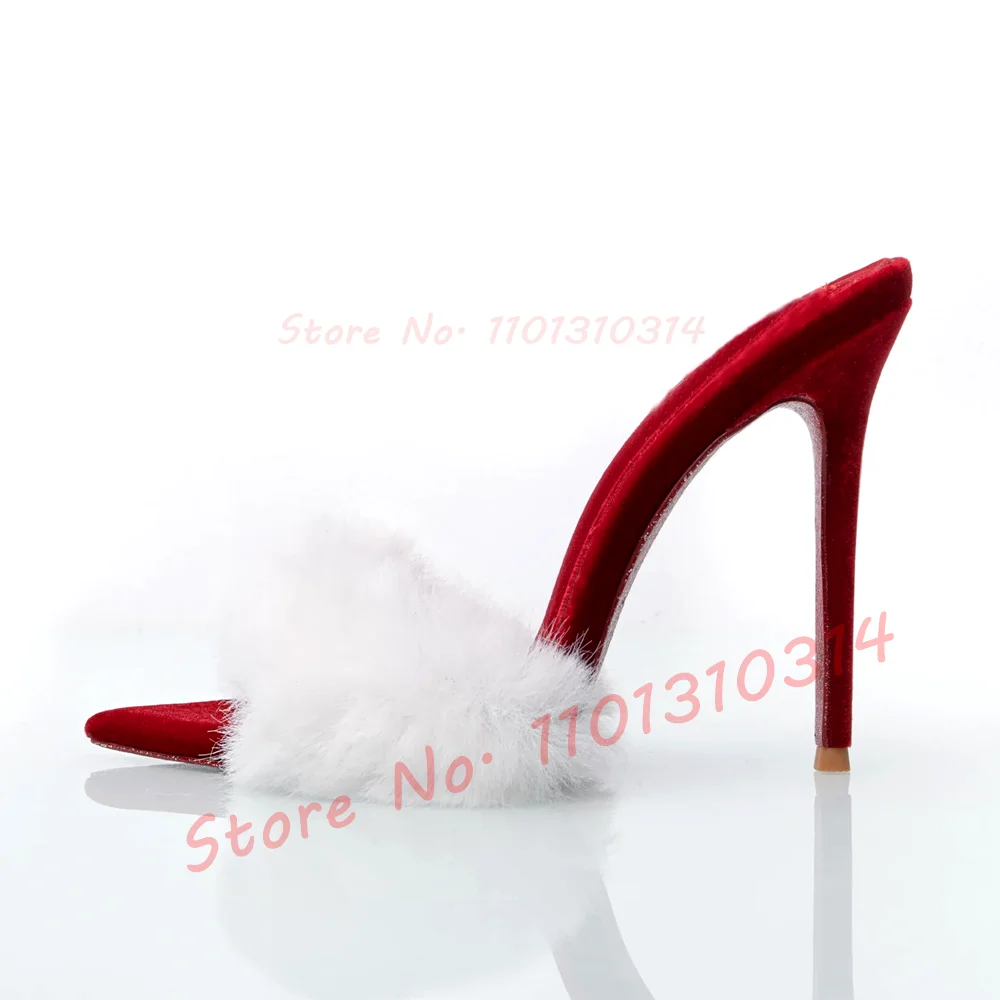 Red Velvet Mules With White Fur Women Opened Pointy Toe Ladies Noble Thin High Heels Shoes Trending Sweet Toe Strap Slippers