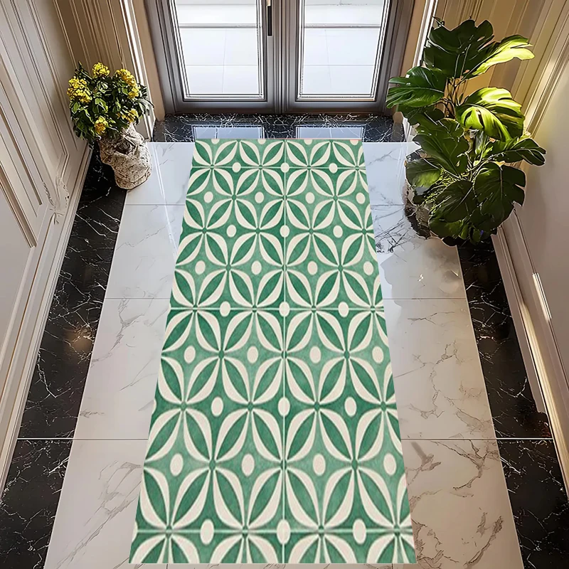 Commercial Kitchen Tile Flooring - ヴィンテージグリーン幾何学模様タイルパターンランナーラグプリントロングカーペット廊下玄関リビングルーム寝室キッチンフロアマット