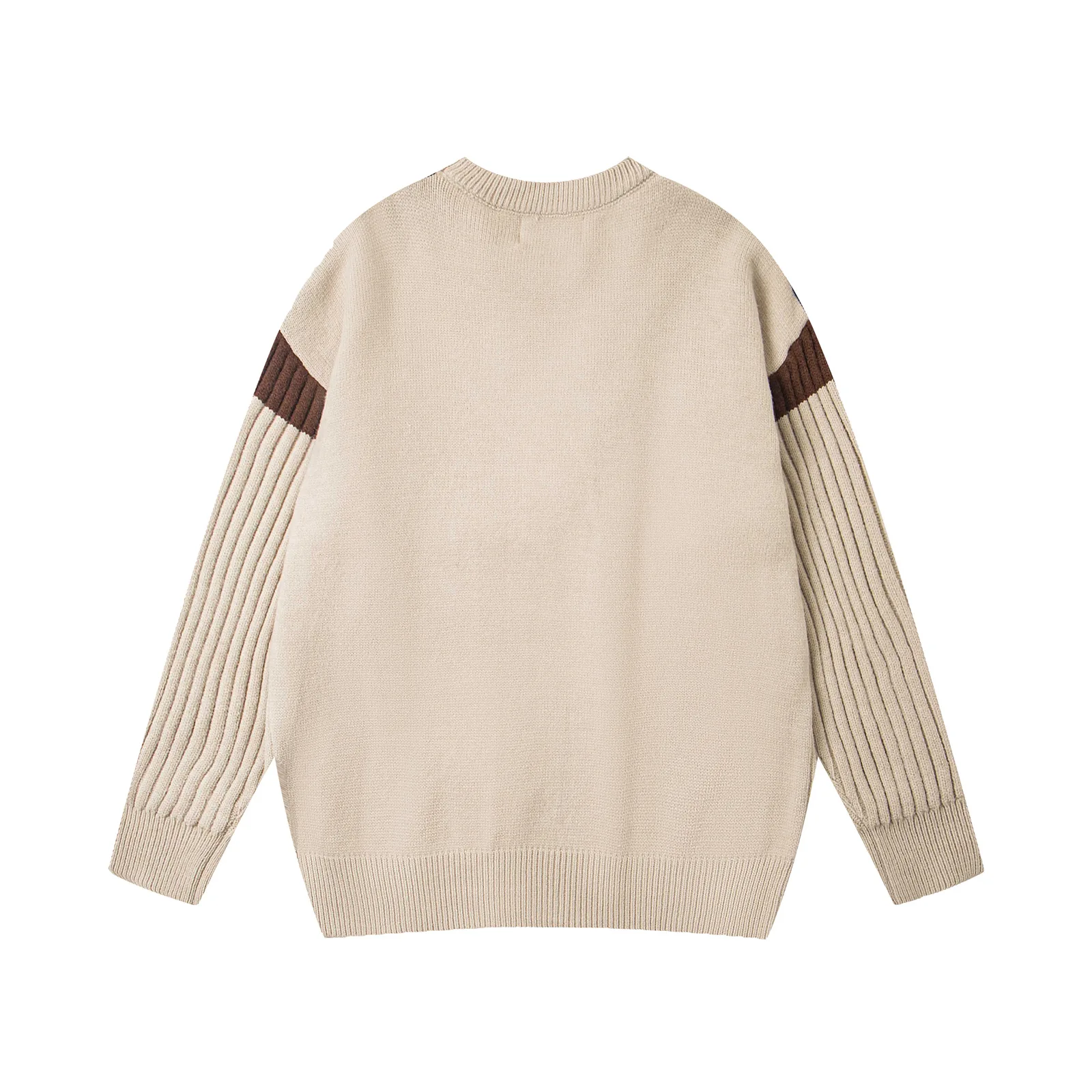 Autumn Winter Top American Retro Color Block Cute Cartoon Embroidery Pullover Crew Neck Sweater Unisex Versatile Loose Knitwear