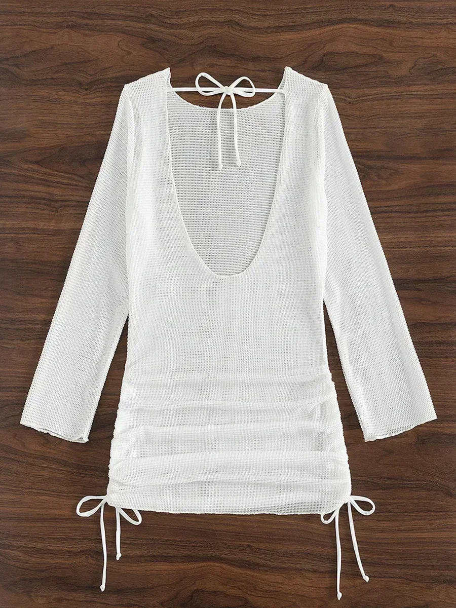 S - XL Langarm rückenfrei häkeln gestrickte Tunika Strand Cover Up Frauen Cover-ups Strandkleid Strandkleidung weibliche Strandmode