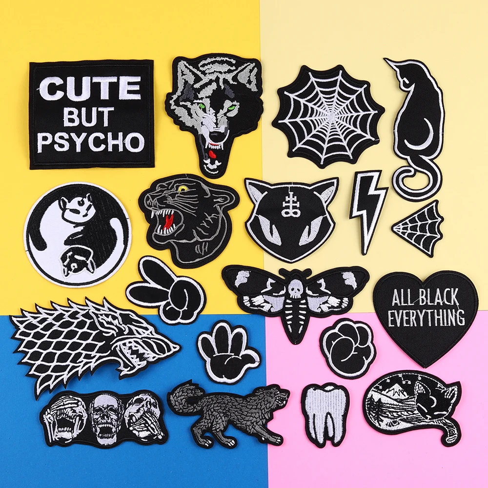 Black Punk ricamo Patch giacca da uomo ferro sulle toppe accessori fai da te marchio di moda abbigliamento da uomo distintivo Cat Wolf Sticker