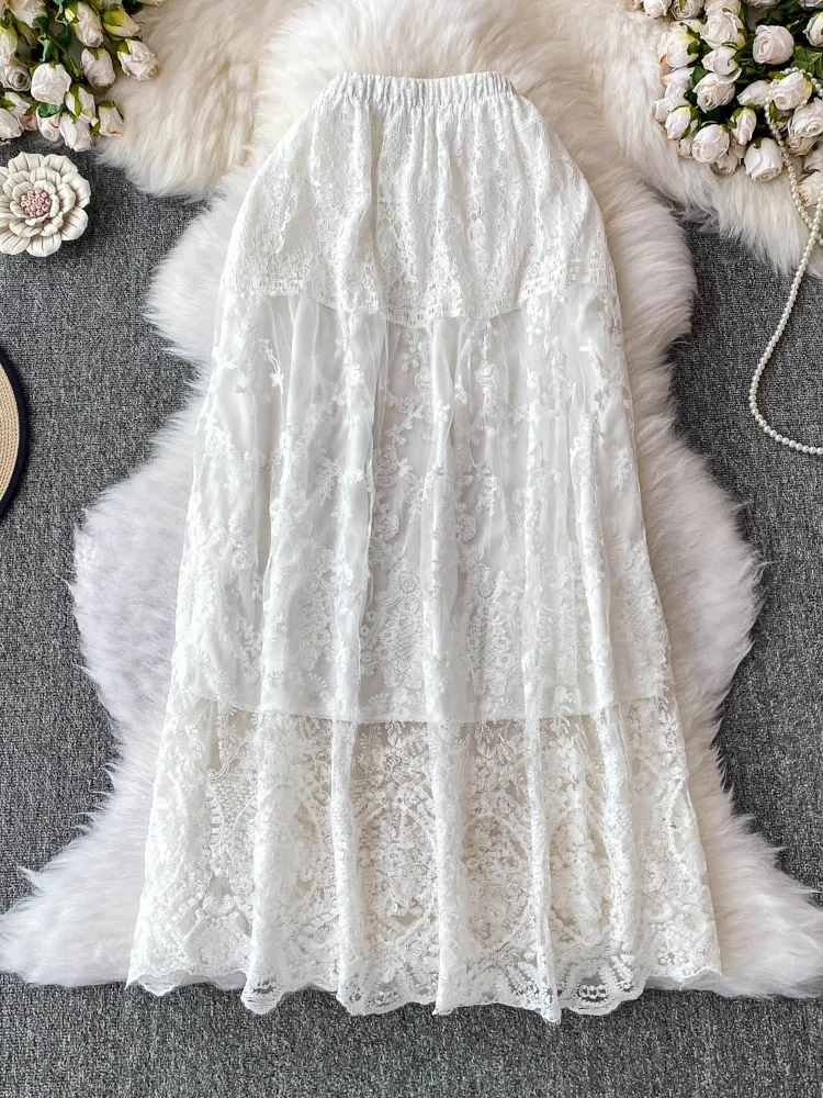

Ele White Lace A-Line Skirt Women's Summer Casual High Waist Slimming Midi Skirt Korean Sle Commute Lace Skirt