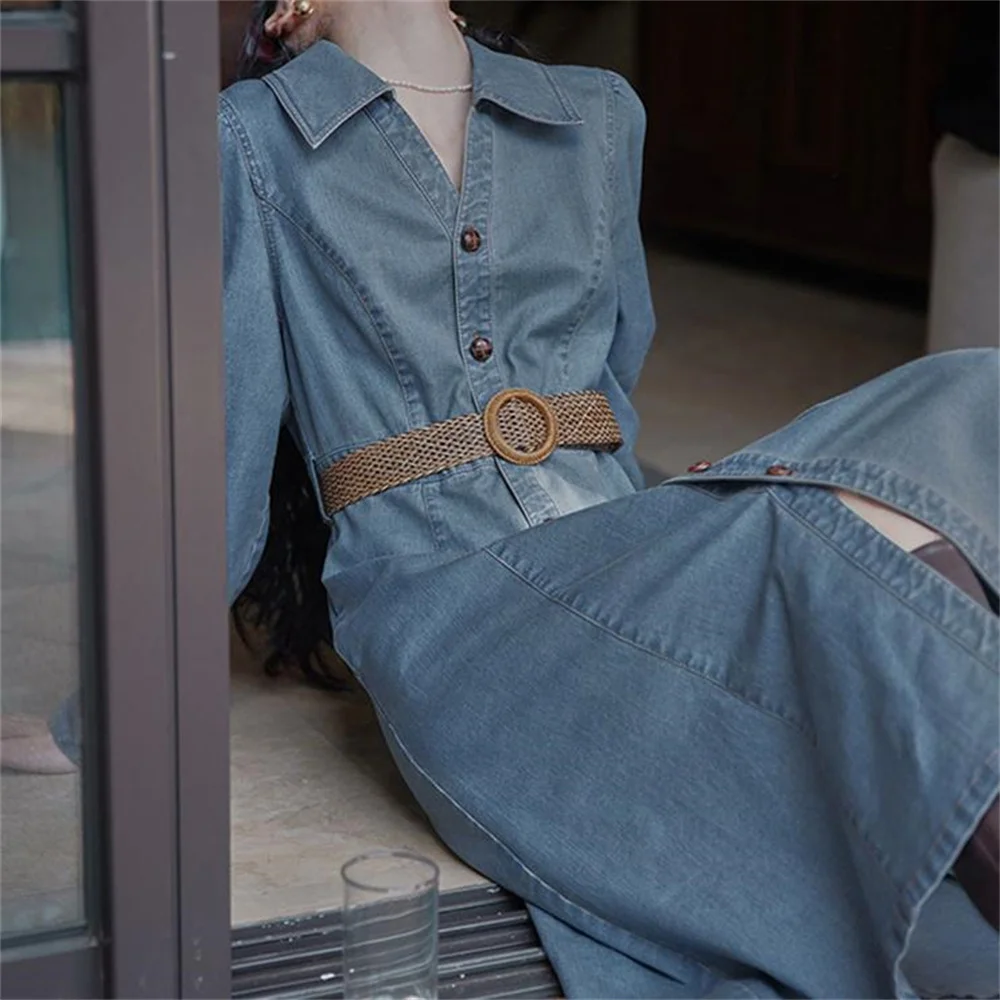 

Retro shirt-collar denim dress women autumn new high waist slim A-line long Single-breasted dress