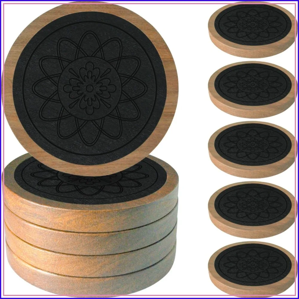 Premium Wooden Coasters Set of 5 Absorbent Non-Slip Drink Coasters for Table Protection, 4.3 Inches, Black
