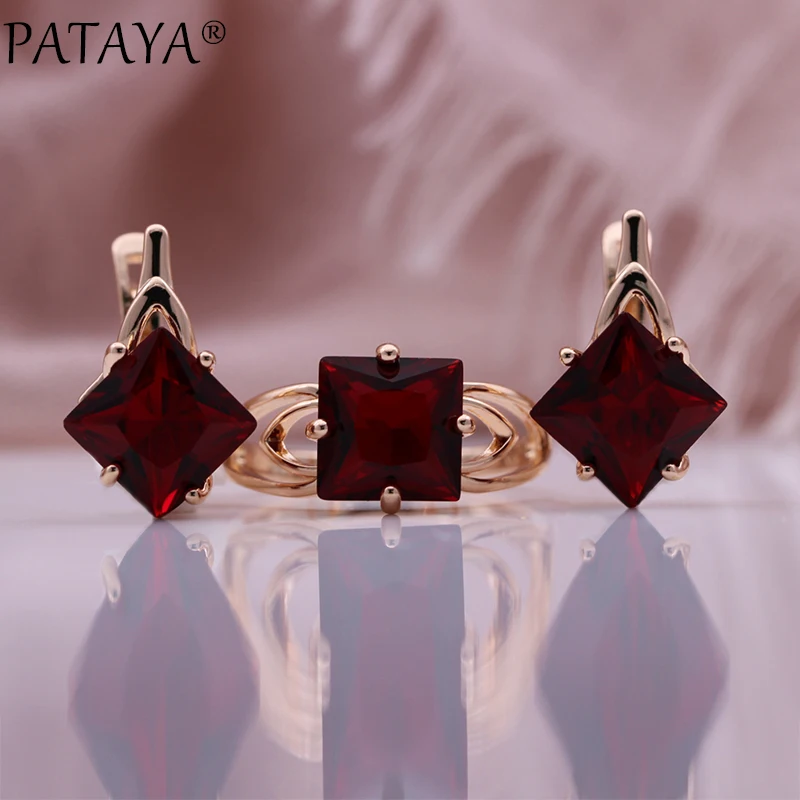 PATAYA New Trend Woman Gift 585 Rose Gold Color Earrings Ring Set Square Natural Zircon Noble Fashion Jewelry Set 2020