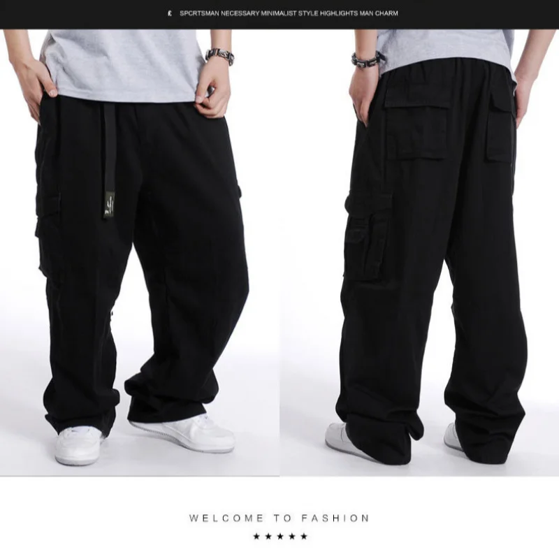 Stylish Loose Wear Men's plus Size Wide-Leg Pants plus-Sized Large Fat Men's Trousers Hip Hop Loose Multi-Pocket Cargo PantsK276