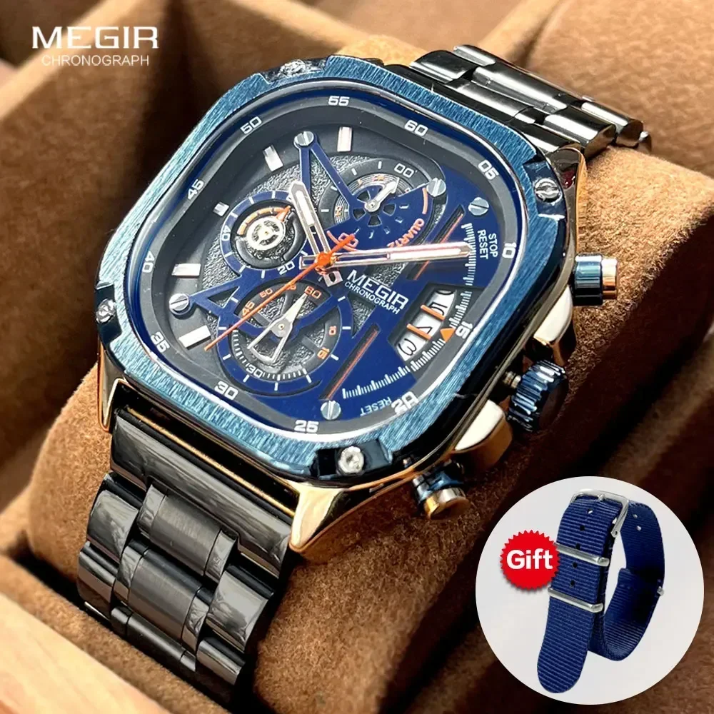 MEGIR Stainless Steel Quartz Watch Men Square Dial Chronograph Waterproof Wristwatch with Luminous Hands Date Canvas Strap Blue