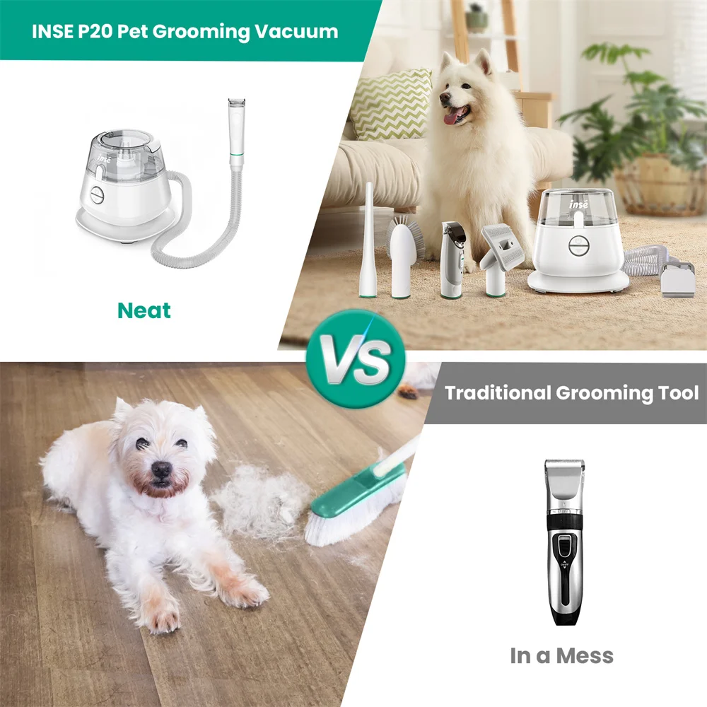 INSE P20 Pet Grooming Kit & vacuümzuiging 99% huisdierhaar, professionele tondeuse met 5 verzorgingsgereedschappen voor honden, katten en