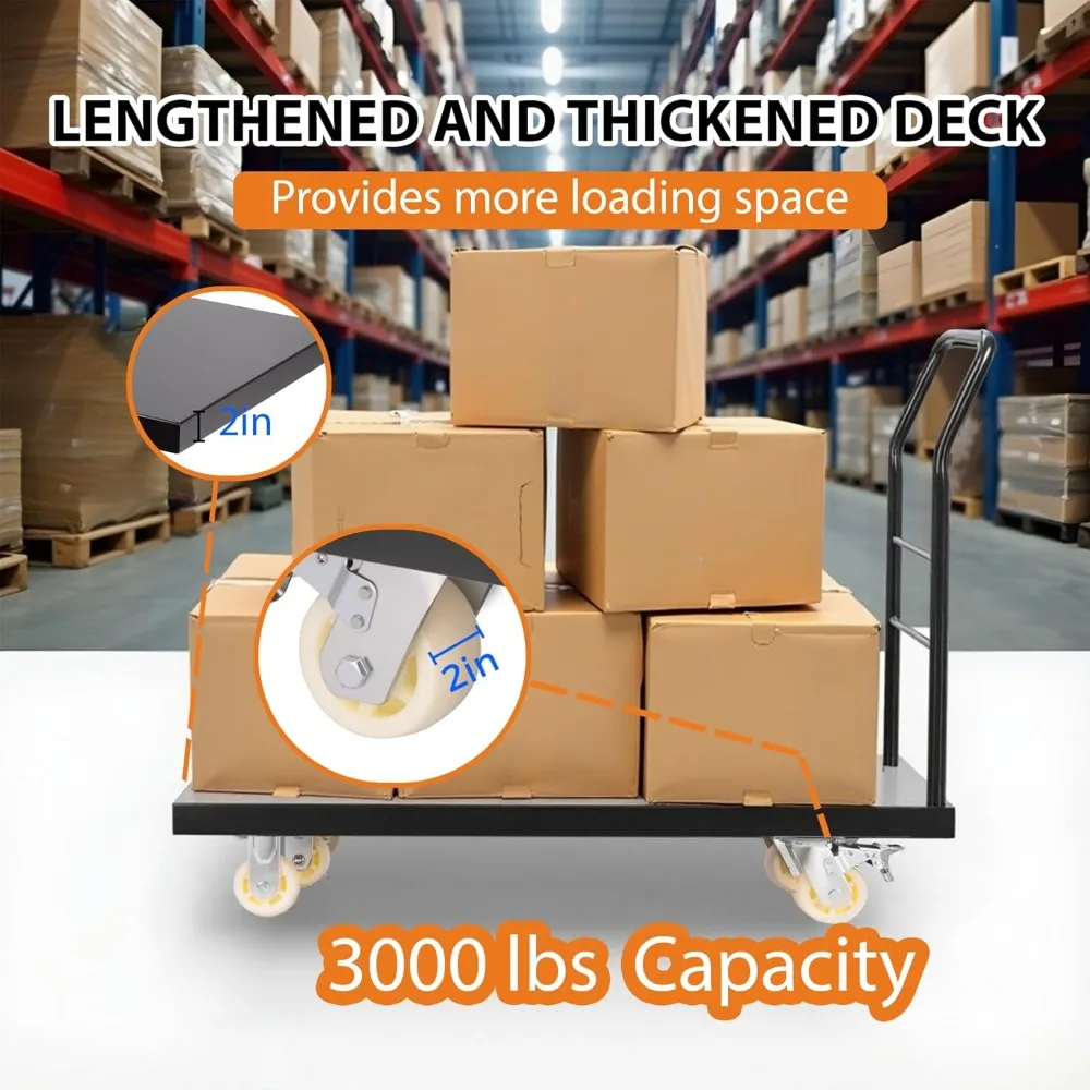 منصة شاحنة سعة 3000 رطل عربة مسطحة فولاذية، عربة دفع 47 × 24 دوللي، عربة منصة سوداء لتحريك الأمتعة #2
