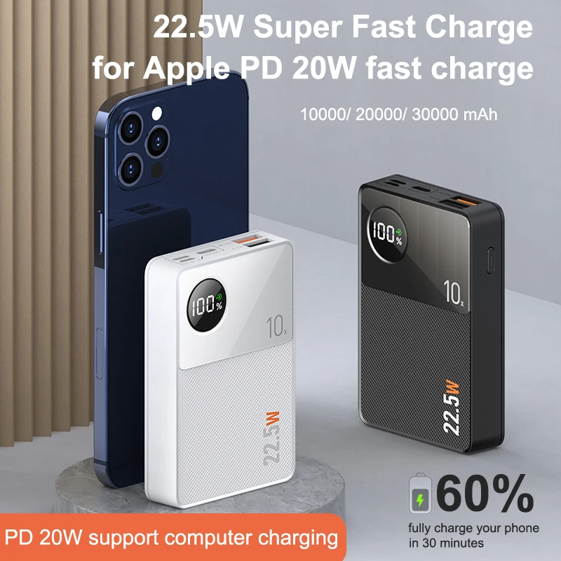 

22.5W Fast Charge Power Bank 30000mAh LED Display Portable Battery Charger for Xiaomi Google HUAWEI iPhone 11 X PD 20W Powerbank