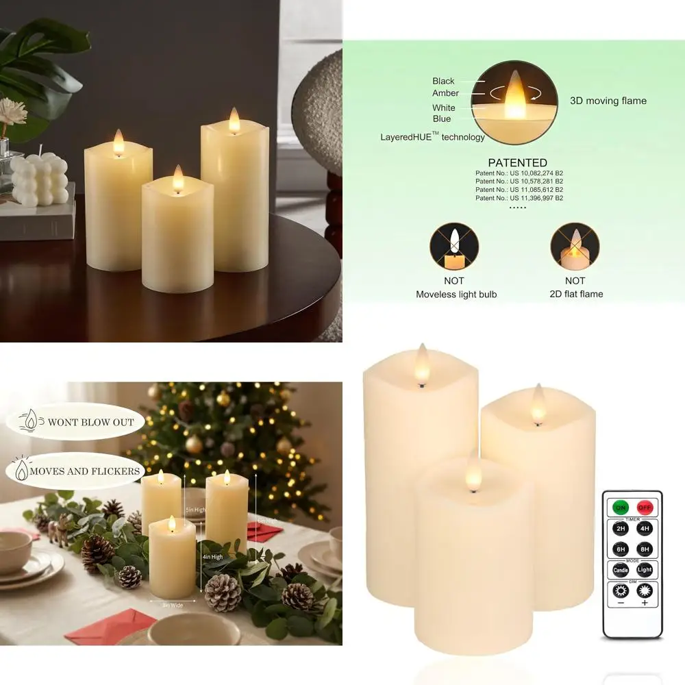 

Светодиодные свечи-столбики на батарейках с пультом ДУ и таймером, срок службы 400 часов, реалистичный 3D-воск, эффект плавленого воска цвета слоновой кости