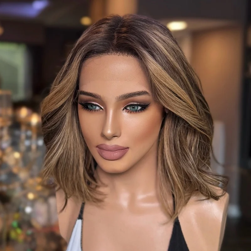 

Soft Wavy Brown Mixed Blonde Wig Synthetic Short BOB Lace Wig For Women Cosplay Wig Preplucked Glueless Daily Wear