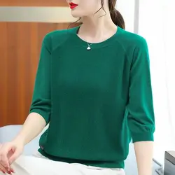 Solid Color Pullover Lantern Half Sleeve Crew Neck Sweater Knitted Women's Clothing Spring Autumn Korean Fashion Commuter Tops