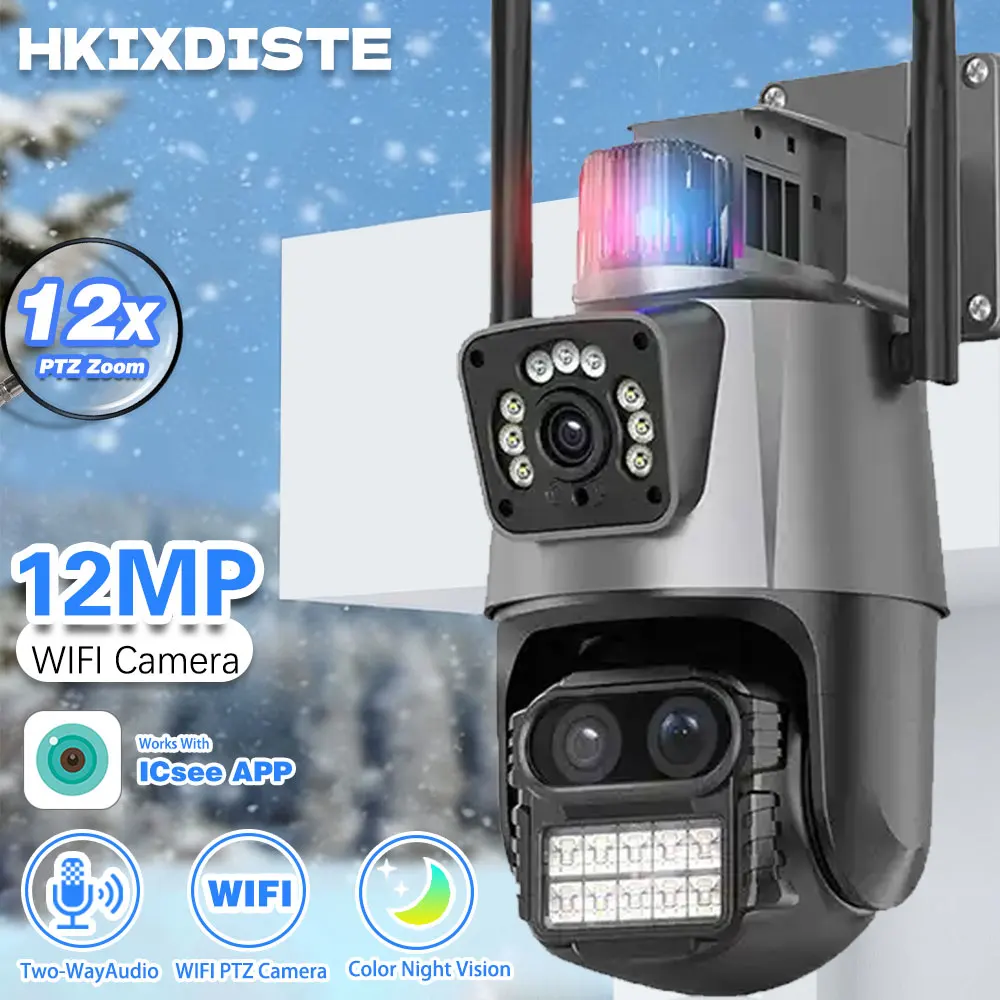 كاميرا ثلاث عدسات 12 ميجابكسل PTZ واي فاي شاشة مزدوجة 8X تكبير رقمي كشف الإنسان في الهواء الطلق 8 ميجابكسل CCTV IP كاميرا حماية أمنية iCSee #1