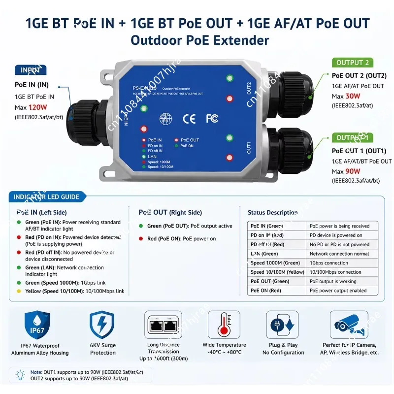 IP67 Waterproof Metal Gigabit 1000Mbps PoE Extender 1 In 2 Out Ethernet Signal Repeater For OutdoorSecurity IPCameraSurveillance