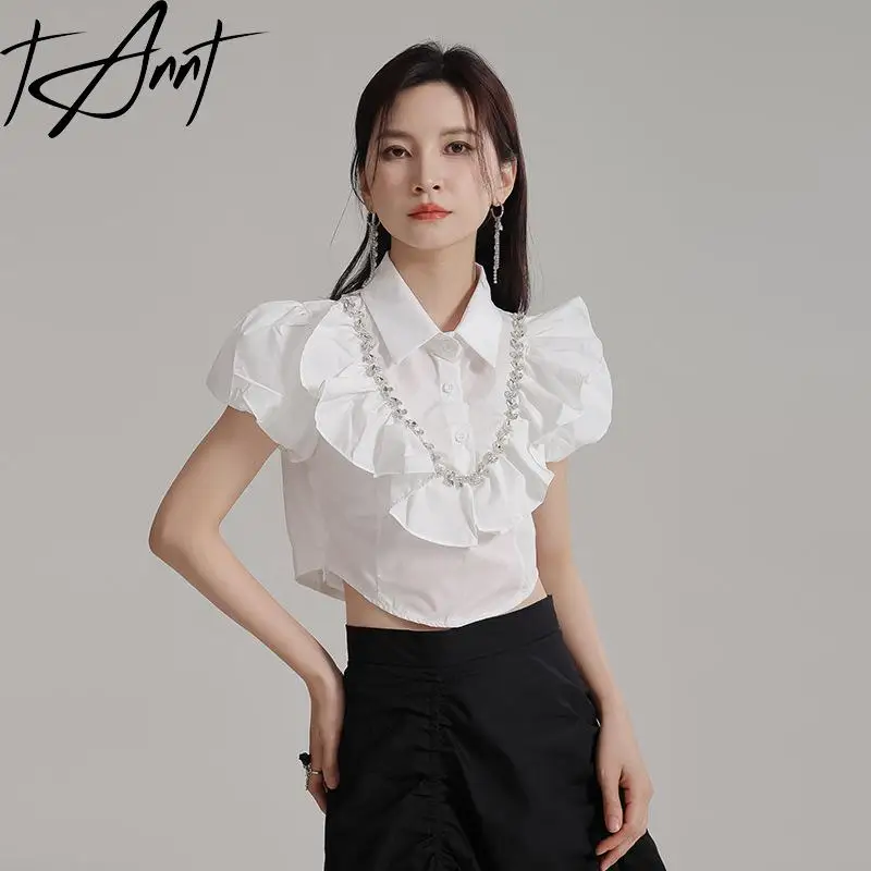 

Tannt Women Shirt Edible Tree Fungus Patchwork Puff Sleeve Short Blouses Tops Black White Summer Short Shirt Blouses 2024 New