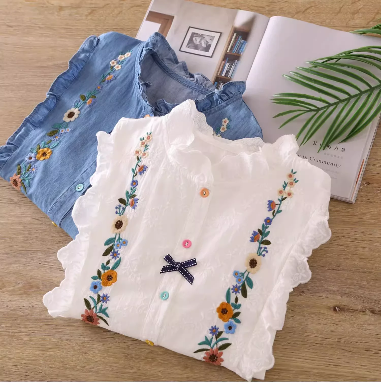 Mori Kei Clothing Japan Style Sweet Chic Flowers Embroider Denim Shirts and Blouses Women Autumn Long Sleeve Jean Shirt