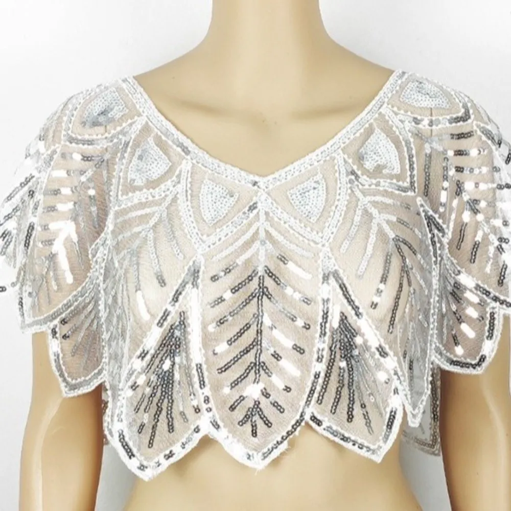 

Fashion Glitter Sequins Shawl Sleeveless Sparkling Evening Cape Mesh V-Neck Party Shawl Bridal