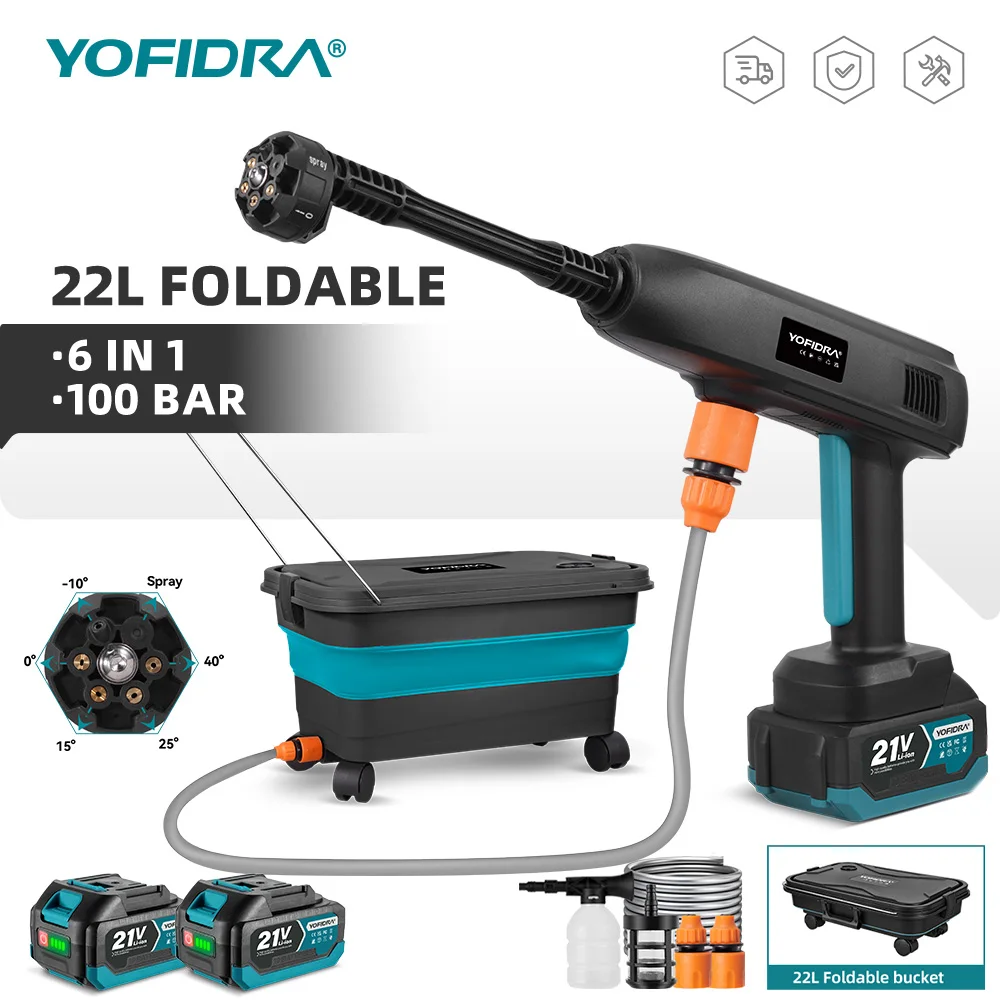 YOFIDRA 6-w-1 Elektryczna myjka wysokociśnieniowa do samochodu i ogrodu z 22-litrowym zbiornikiem na wodę, kompatybilna z akumulatorami Makita.