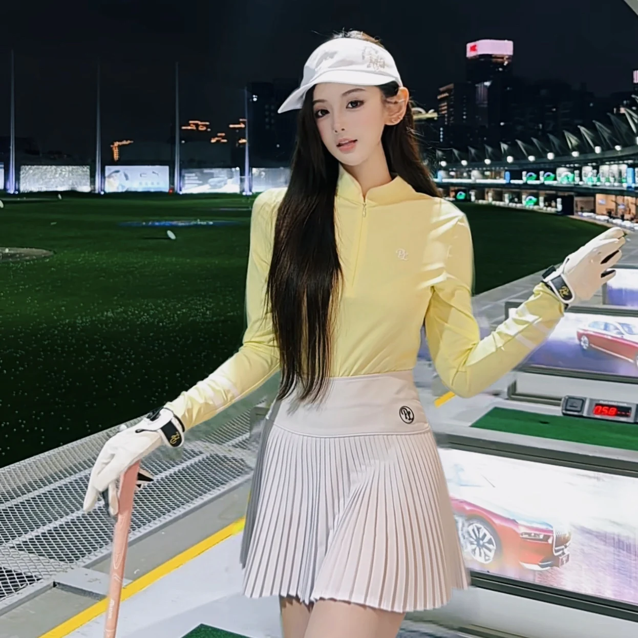PL Winter Golf Women's Zipper Collar Shirts Warm Fleece Long-sleeved Tops Ladies High-waisted Pleated Skirt Retro Tennis Skort