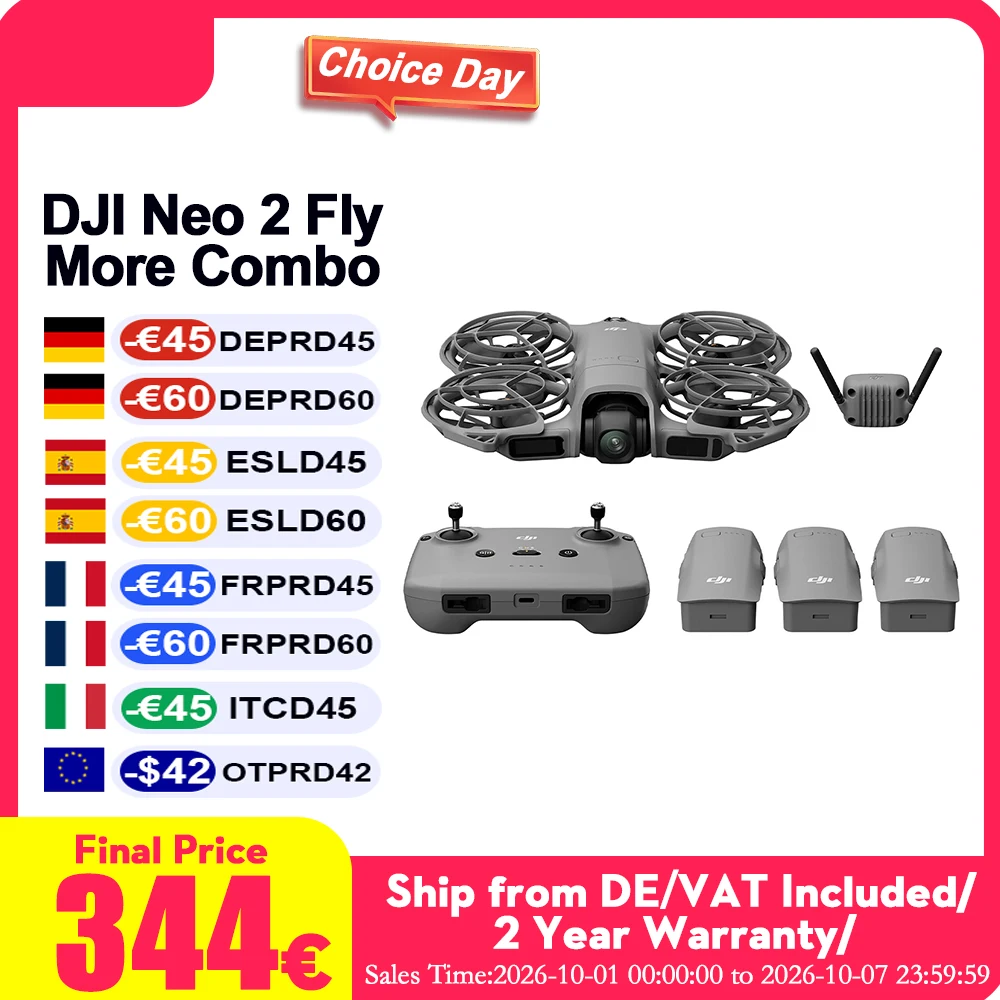 Versione Globale Dji Neo 2 Fly More Combo, Drone con Fotocamera 4K, Immagini di Alta Qualità, Sensore CMOS da 1/2 Pollice, Video 4K/60Fps e Slow-Motion 4K/100Fps, Facile per Principianti