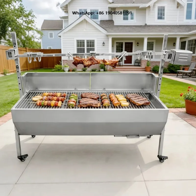 Outdoor Kitchen Charcoal Rotisserie Machine Adjustable Height Portable Roaster Spit Rotisserie BBQ Grill for Pig Lamb Chicken