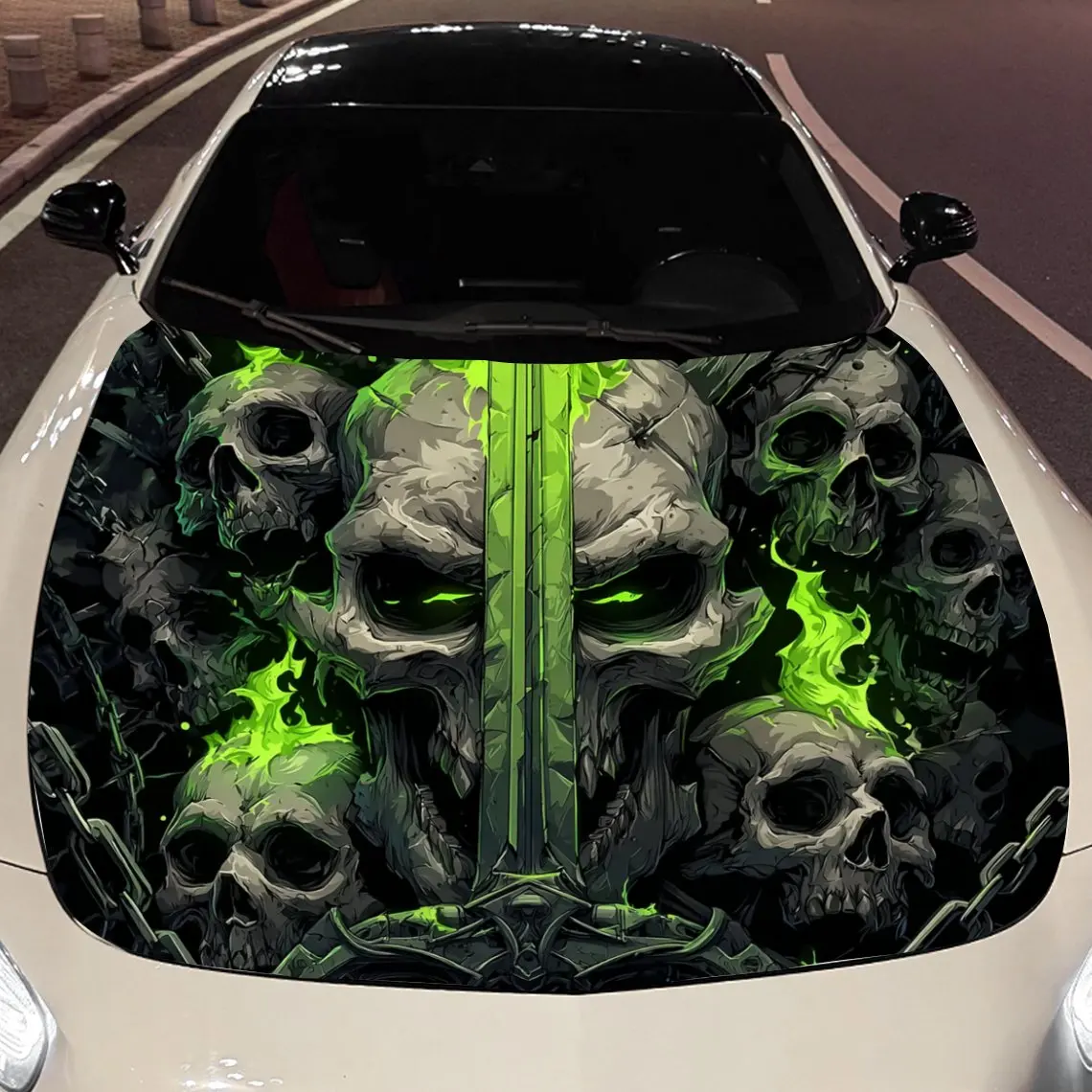 

Green - Flame Skulls and Magic Sword Car Vinyl Wrap, PVC Material Waterproof Car Hood Sticker, Self-Adhesive Scratch-Resistant S