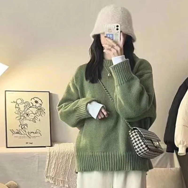 Pullover lavorati a maglia da donna autunno Vintage Y2k maglioni con scollo a o verde studenti Kawaii Ins Fashion All-match Soft Chic Simple Teens