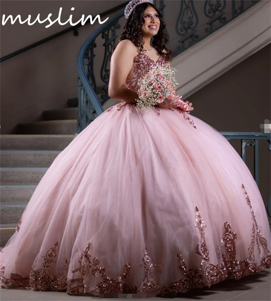 Sparkly Pink Quinceanera Dress With Sequin Elegant Debutante Vestidos De Xv 15 Años Ball Gown Fifteen Birthday Party Customized