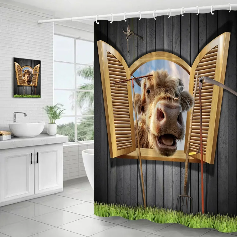 Funny Highland Cow Shower Curtains Brown Window Farmhouse Vintage Wood Board Green Meadow Farm Animals Bathroom Decor with Hooks