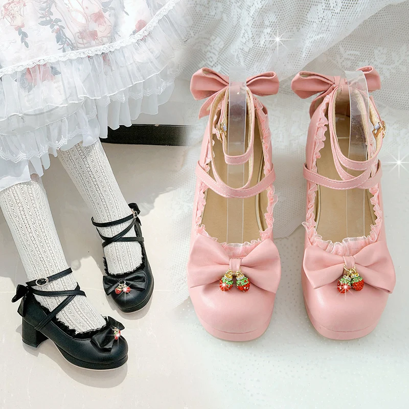 

Женские туфли для косплея в стиле "Лолита" YQBTDL 2022, туфли-лодочки с бантом на массивном каблуке и ремешком на щиколотке на платформе, Туфли Мэри Джейн, милая Клубничная девушка