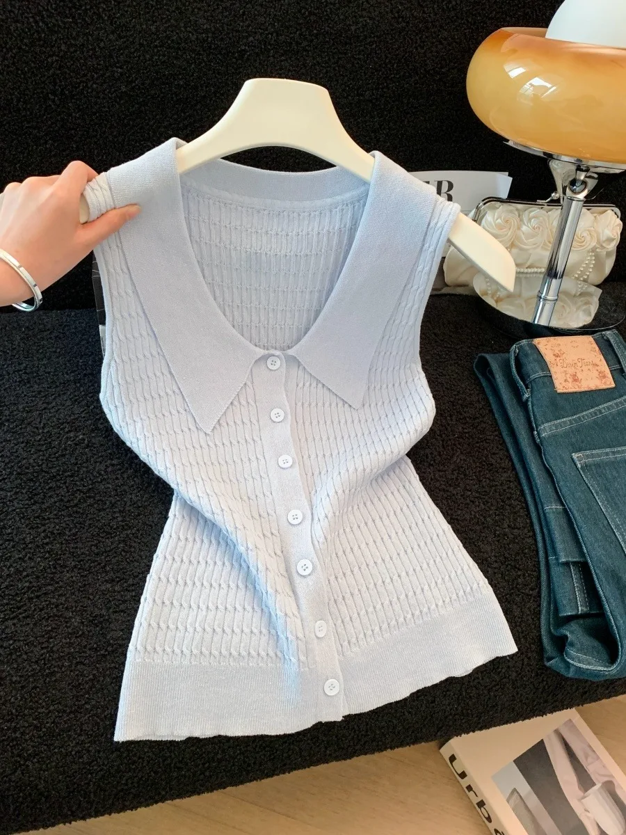 

Elegant V-Neck Sleeveless Knitted Vest Women's Summer Thin Outerwear Lazy Style Slimming Top Commute Fashion Korean Version
