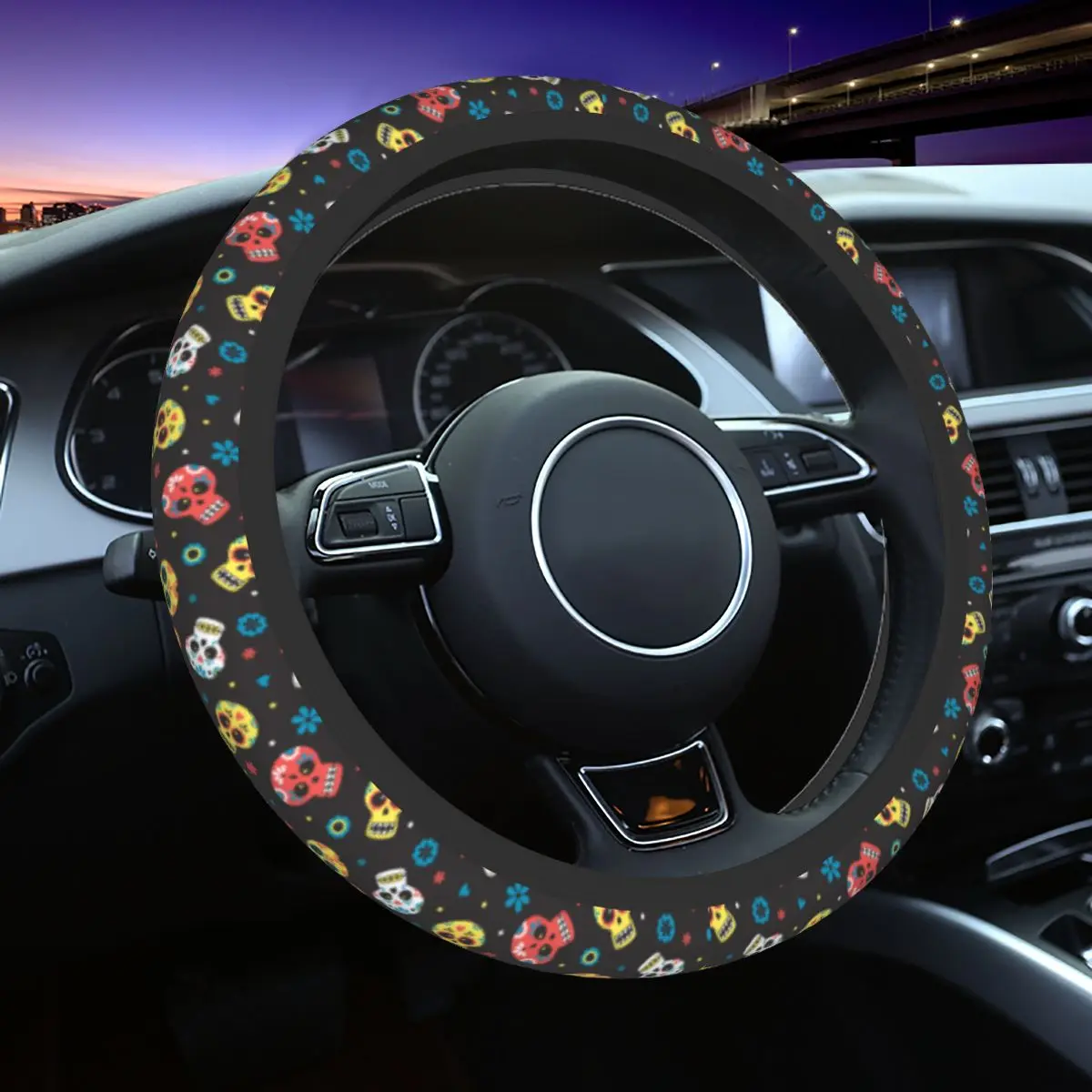 Sugar Skull Mexican Car Steering Wheel Cover Non-slip Day of the Dead Auto Steering Wheel Protector Steering-Wheel Accessories