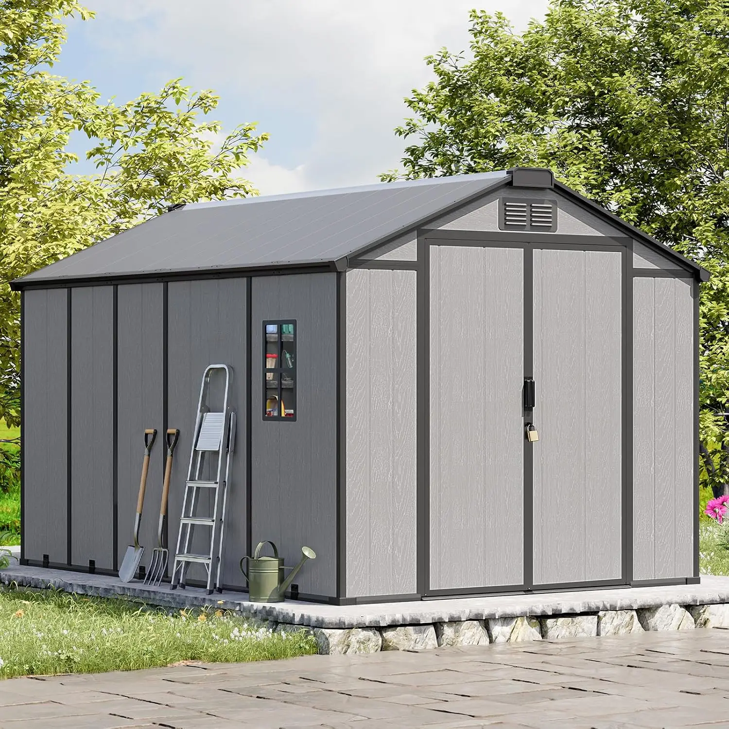 8x12 FT Resin Outdoor Shed with Floor Included, Steel‑Reinforced, Custom