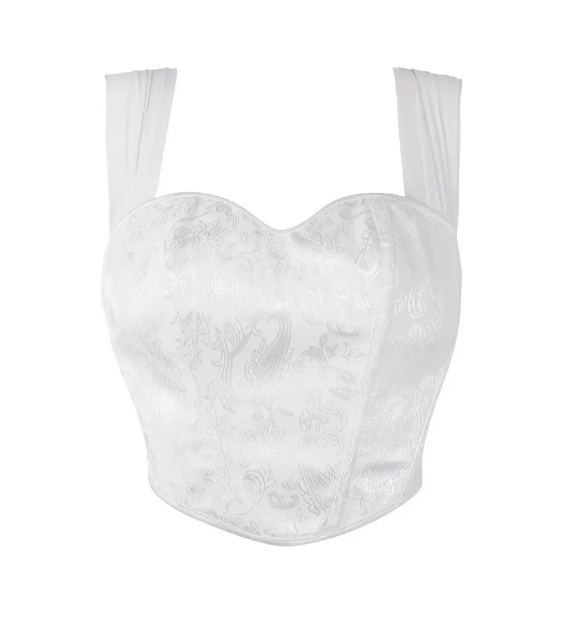 

Женский белый корсет с короткими рукавами и принтом, укороченный топ, сетчатый бюстье, плечевой ремень, корсет из рыбьей кости