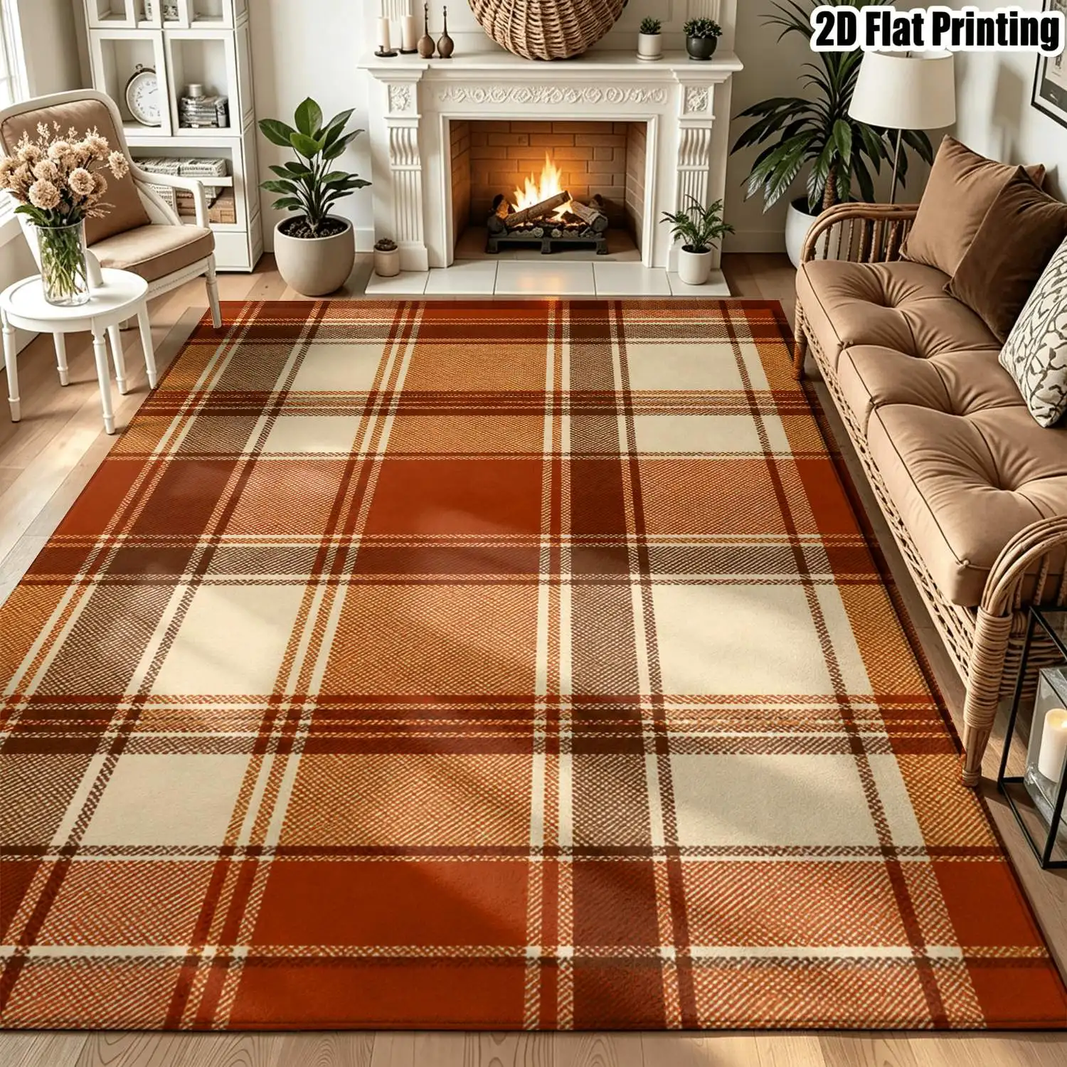 1Pc 2D Printed Carpet: Brown Beige Checkered, Nordic Vintage Geometric Striped, Home Decor, Multiple Sizes, Machine Washable, for Entrance, Dining, Foyer, Bedroom, Living Room