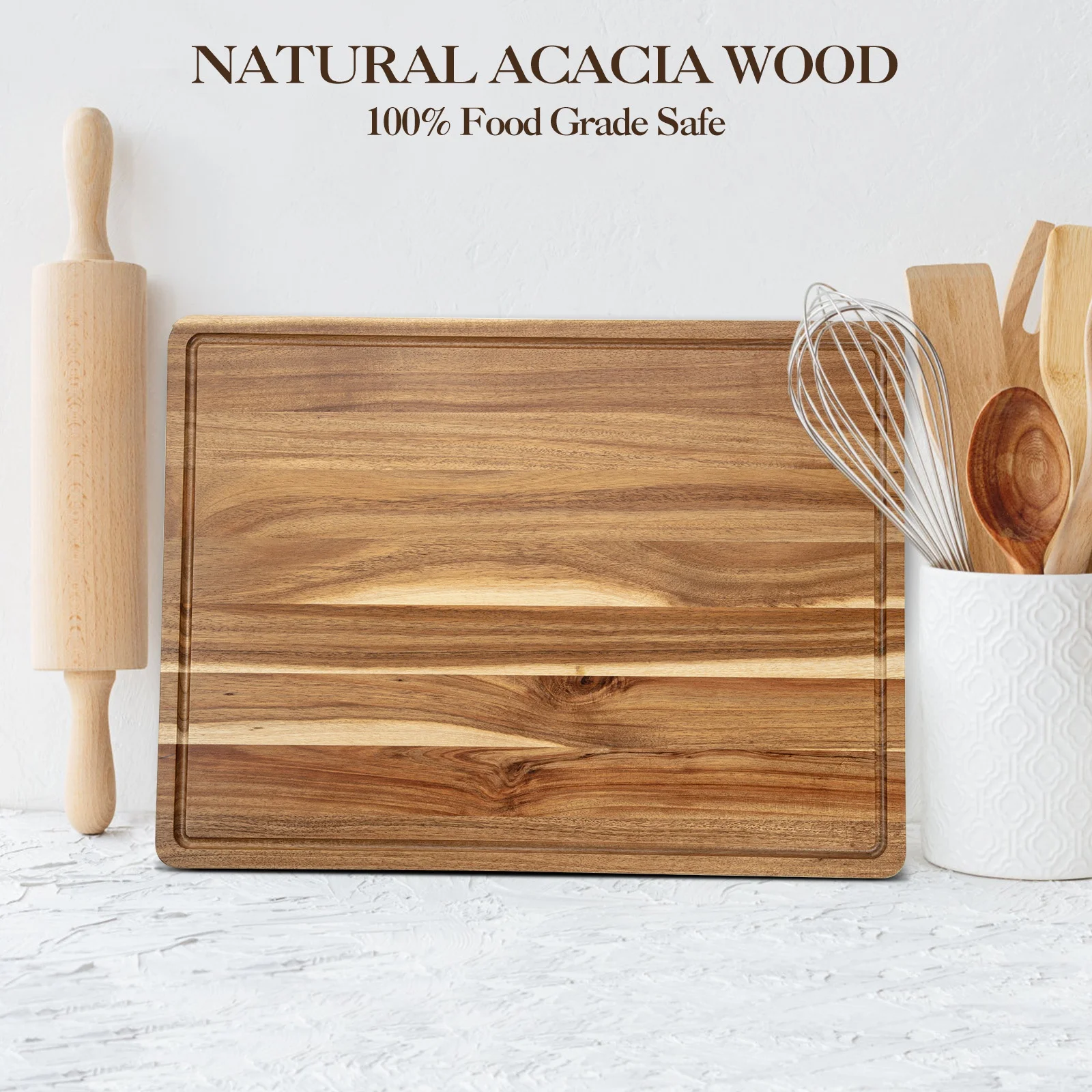 Wooden Cutting Board, 20x15 Inches Large Acacia Wood Cutting Board with Deep Groove and Handles for Kitchen, Reversible Wood Chopping Boards for Meat, Vegetables and Fruit