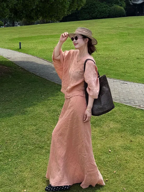 Linen Set Women Summer Romantic Lazy Loose Shirt Half Skirt Two Piece Set Vacation Style Fashionable Korean Loose Fit