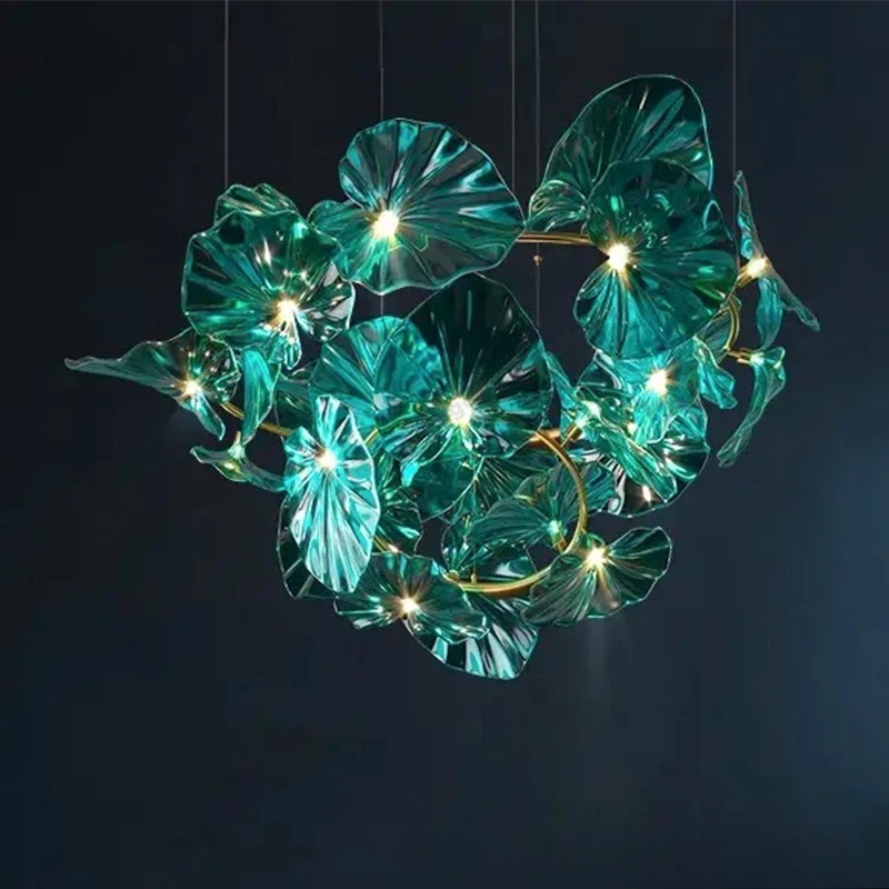 

Modern Luxury Glass Leaf Copper Hanging Chandeliers Villa Hotel Lobby Lighting Italian Designer Living Room Hall Pendant Lamp