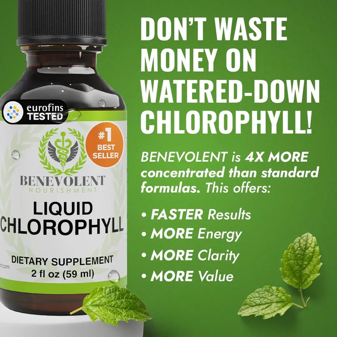 Benevolent Nourishment Chlorophyll Supplement, Detox & Immune Support, Internal Deodorizer, Liquid Drops |   Highly Bioavailable Supplement for Natural Energy Boost, Immune System, Detox, Cleanse & Full Body Internal Deodorant