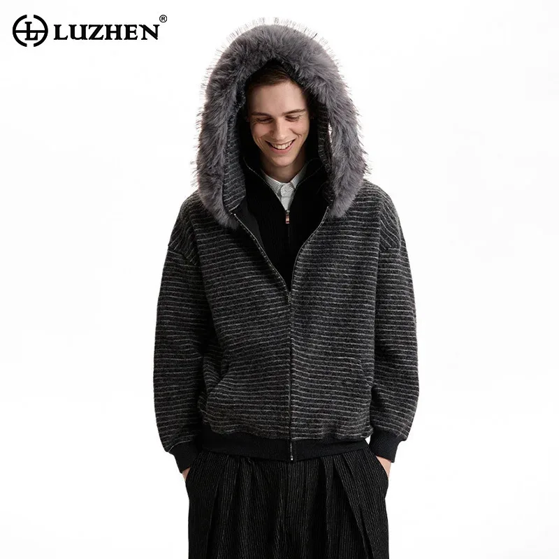 

LUZHEN 2025, новый зимний вязаный кардиган в полоску со съемным меховым капюшоном, мужской модный красивый свитер высокого качества JY5146