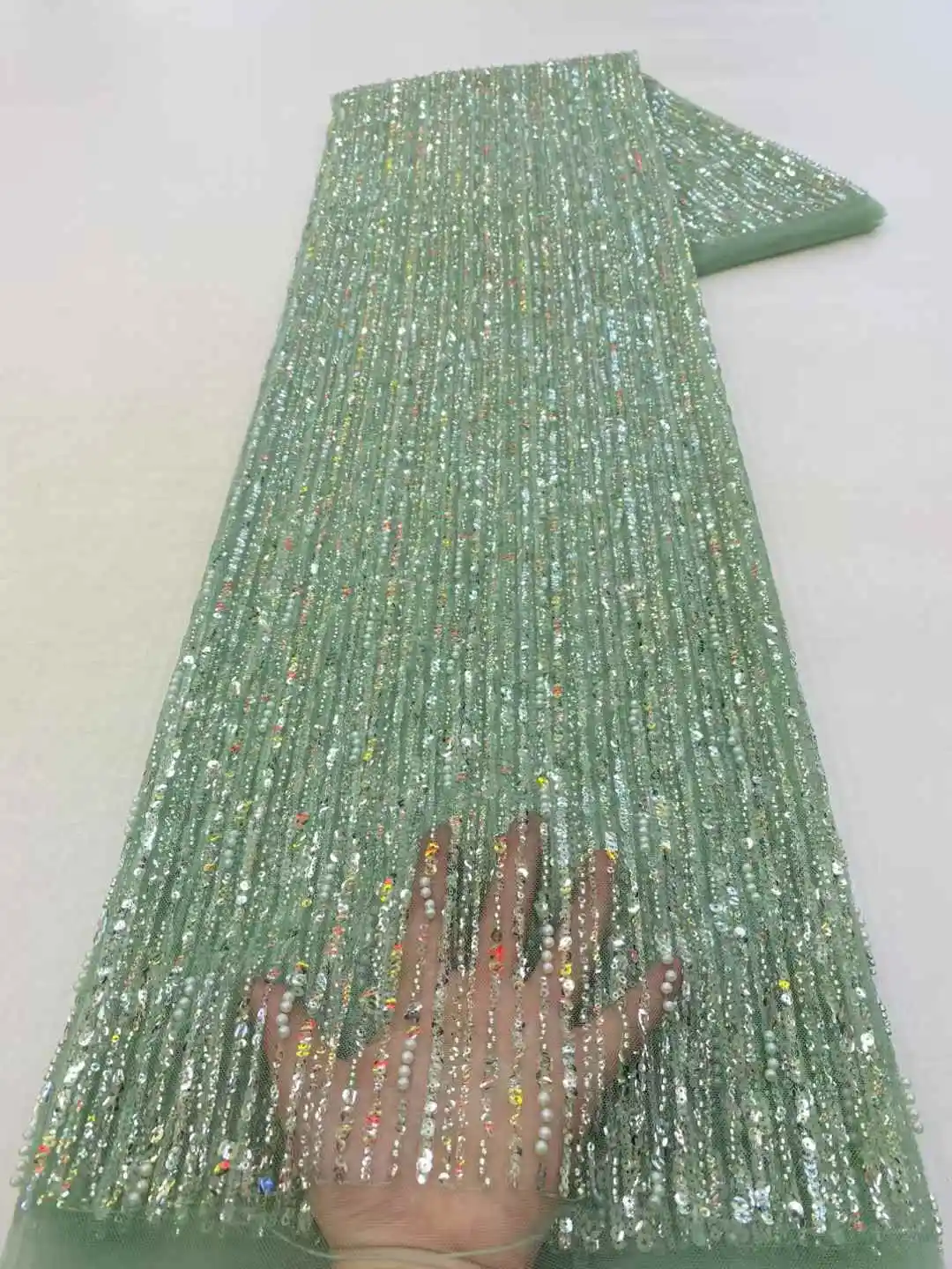 

5Yards African Bridal Lace Fabric with Sequins Beaded Embroidery High Quality French Tulle for Wedding Groom Nigerian Style