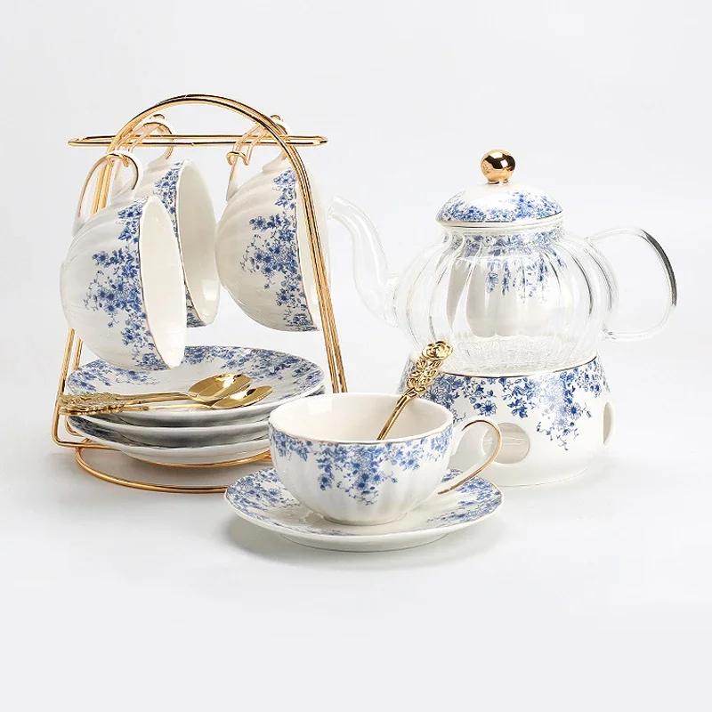 Flower Teapot Sets Can Candle Heated Glass Teapot and Teacup Set Blue and White Porcelain Coffee Cup and Saucer Nice Gift