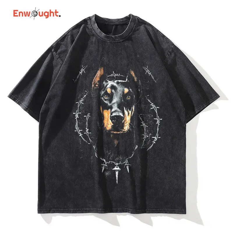 Doberman T-shirts Oversized Vintage Washed Hip Hop High Street T Shirt Retro Cute Dog DTG Printing Short Sleeve Tops Tees Cotton